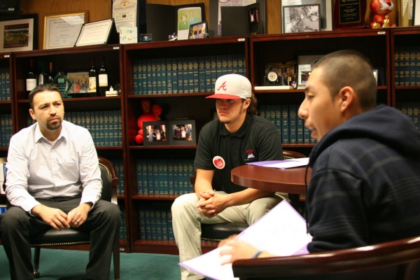 Students meet with Tim Cromartie, Capitol Director for Assemblyman Mike Davis, to discuss the benefits of school-based health centers.