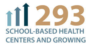Graphic showing arrows going up with number 293 and text on bottom saying school-based health centers and growing