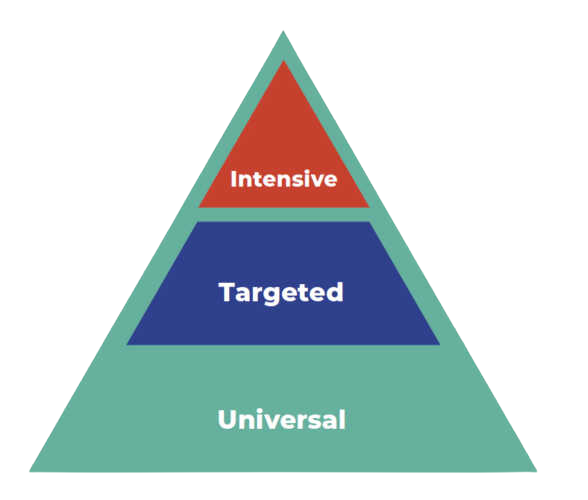 Triangle with text showing tiered services with Intensive at top, Targeted in middle, and Universal at the bottom.